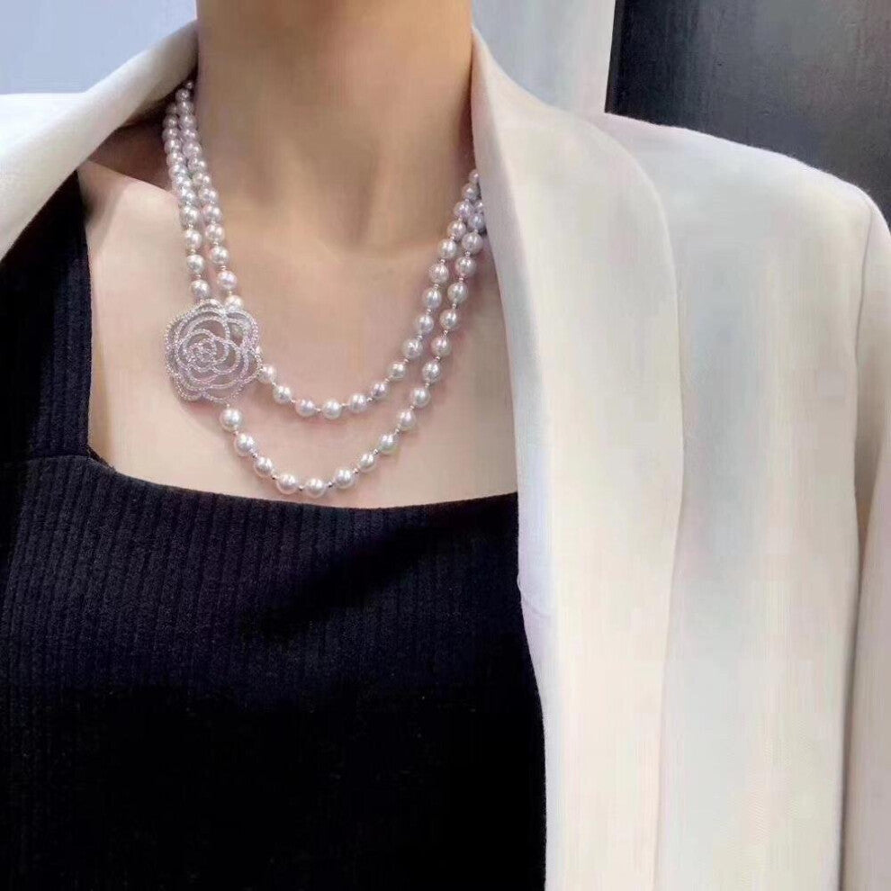2 kinds of wearing four seasons Flower zircon long pearl necklace party - wedding high-end dress chain for women Charm necklace