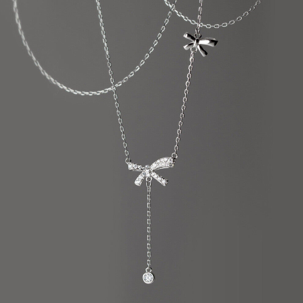 DIC184 925 Sterling Silver Sweet Bowknot Necklace Double Bowknots Tassel Necklace Chokers Fine Jewelry for Women