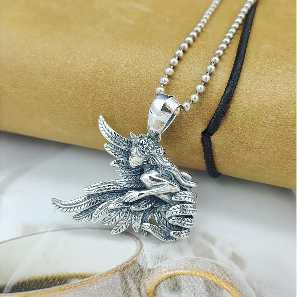 Pure S925 Silver Jewelry Angel Wings Retro Personality Clavicle Chain Accessories Men And Women Pendant