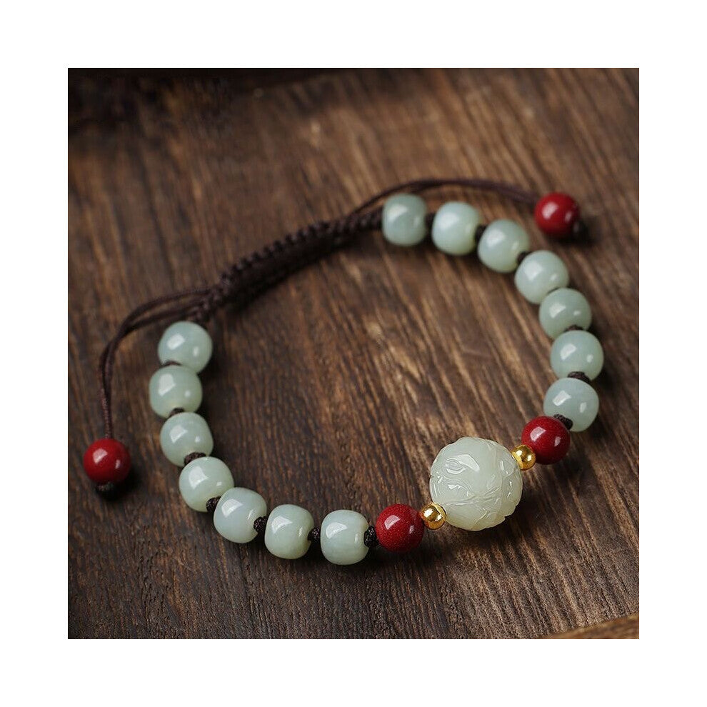 Natural Hetian Jade 7*8mm Round Beads Elastic Bracelet Jewellery Accessories Hand-Carved Woman Luck Amulet