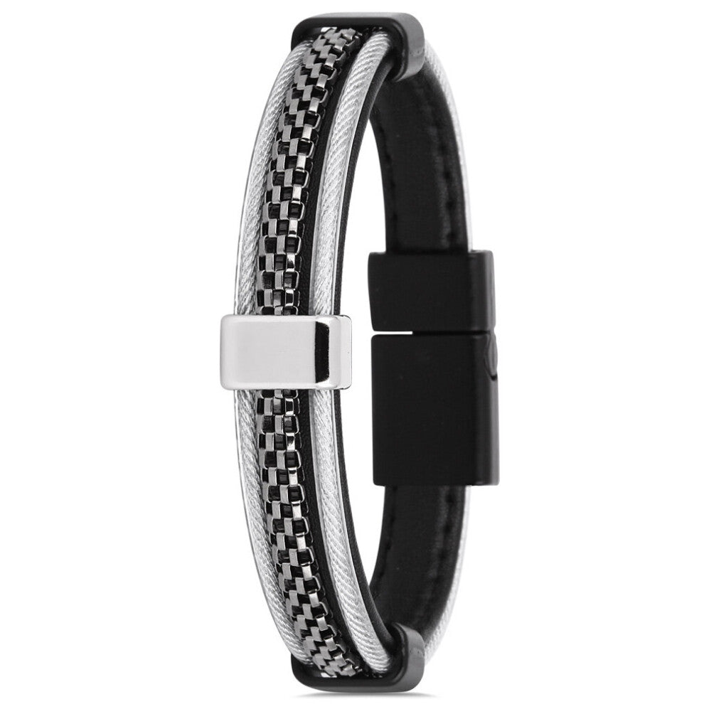 Mens Bracelet. Steel And Leather Bracelet. Mens Accessories. Men S Fashion. Mens Bracelet.