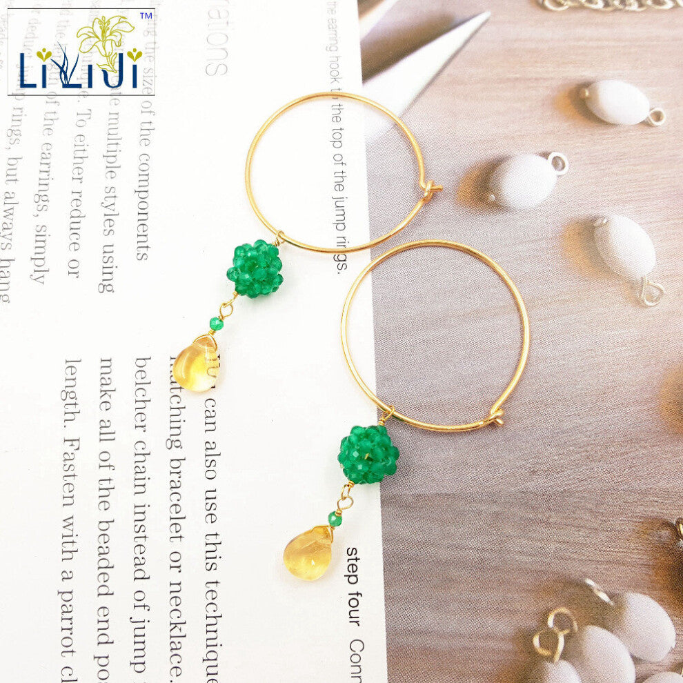 Lii JI Natural Green Onyx,Citrine Tear Drop 925 sterling silver Knitting Drop Earring