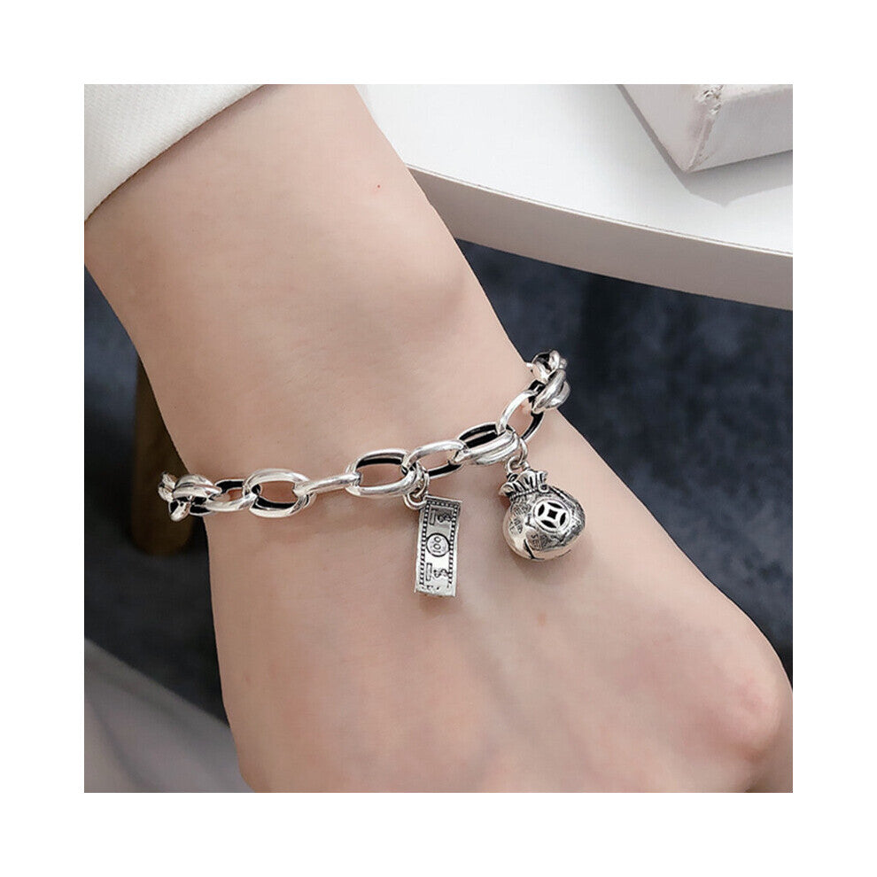 Korea S925 Sterling Silver Retro Do Old Dollar money Bag Chain Bracelet Female Personality Hip Hop Style For Women