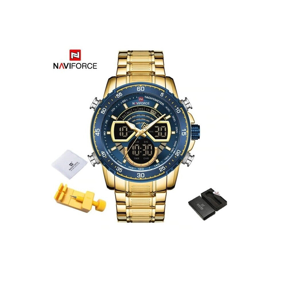 Mini focus-mens military sports watches, analog quartz Digital bracelet watch, water resistant, stainless steel, golden