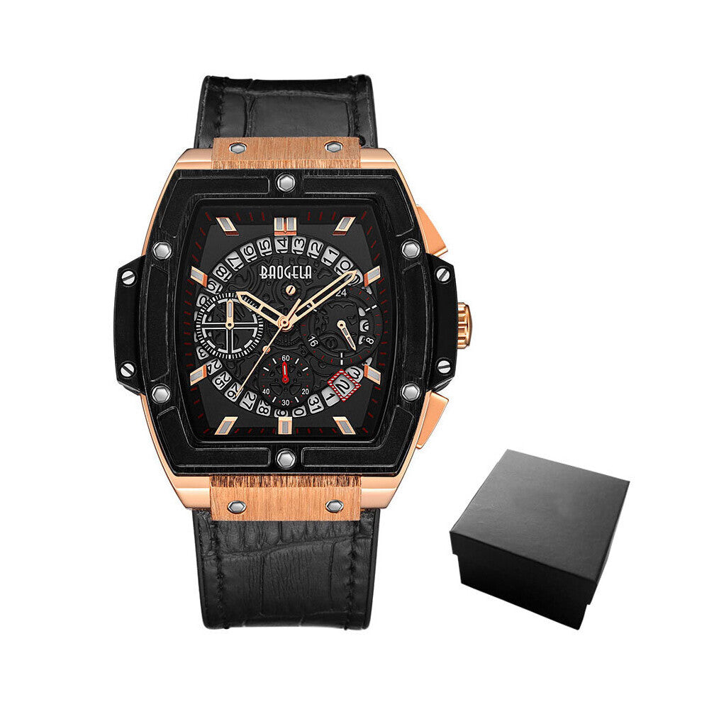 Mens Sports Chronograph Quartz Watches Leather Strap 24-hour Display Army Wristwatch for Man 1703Black