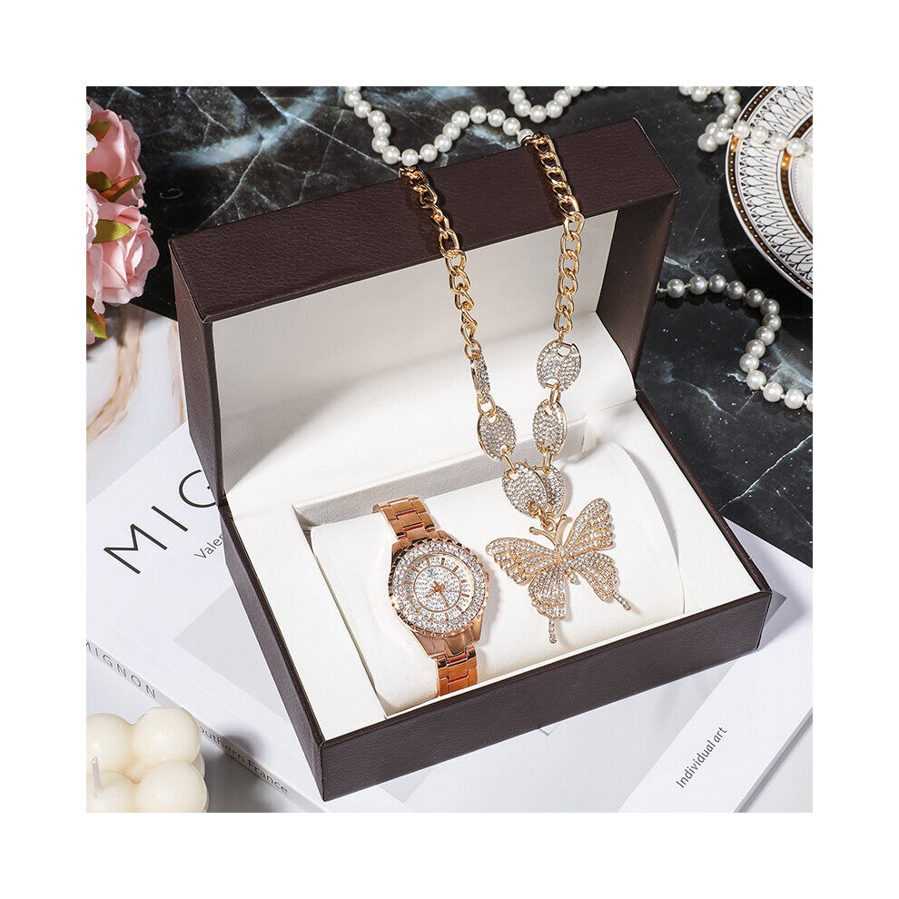 Set Womens Quartz Watches Diamond Watch Dial+Bracelet+Necklace Stainless Steel Jewelry Gift Set 3Pcs