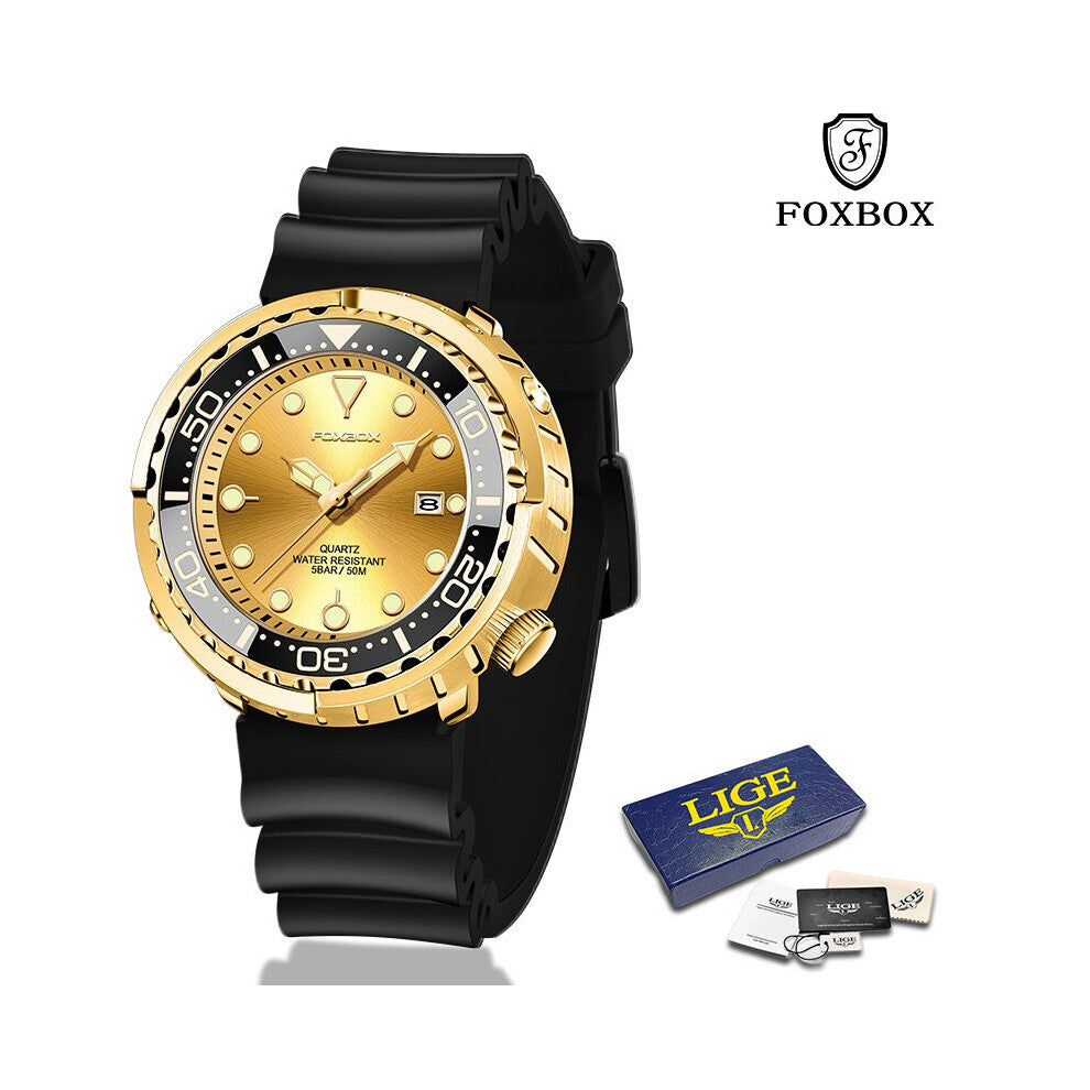 FOXBOX Watches Men Stainless steel Clock Sports Waterproof Watches Golden Wristwatches Male Relogio Masculino