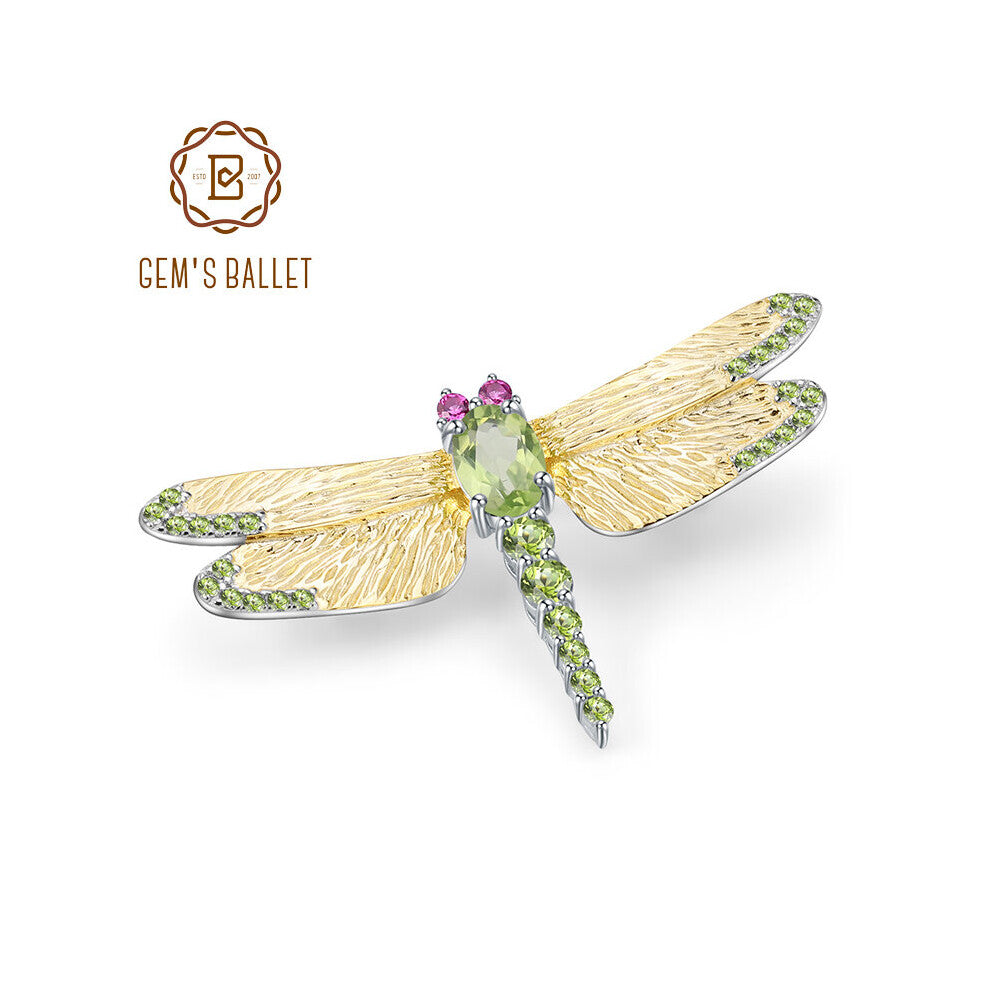 GEMS BALLET 1.13Ct Natural Green Peridot Gemstone Brooch 925 Sterling Sliver Dragonfly Brooches For Women Dresses