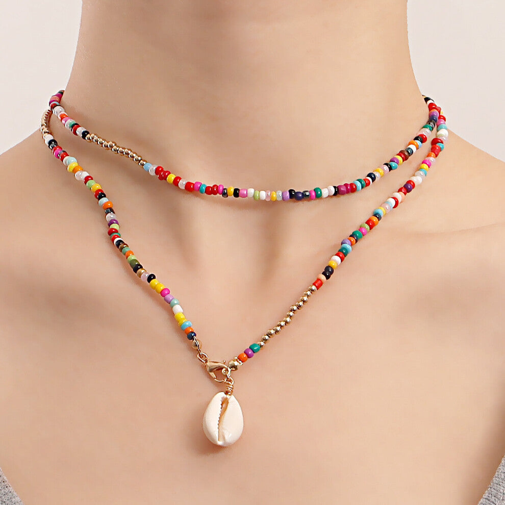 2-3Pcs Bohemian Rainbow Butterfly Star Shell Beaded Choker Necklace for Women Teen Girl Layered Colorful Boho Stacking Pentagram Seeds Chain Necklace