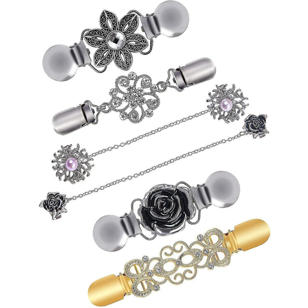 6pcs Women Cardigan Clip Vintage Sweater Clips With Flowers Rhinestone