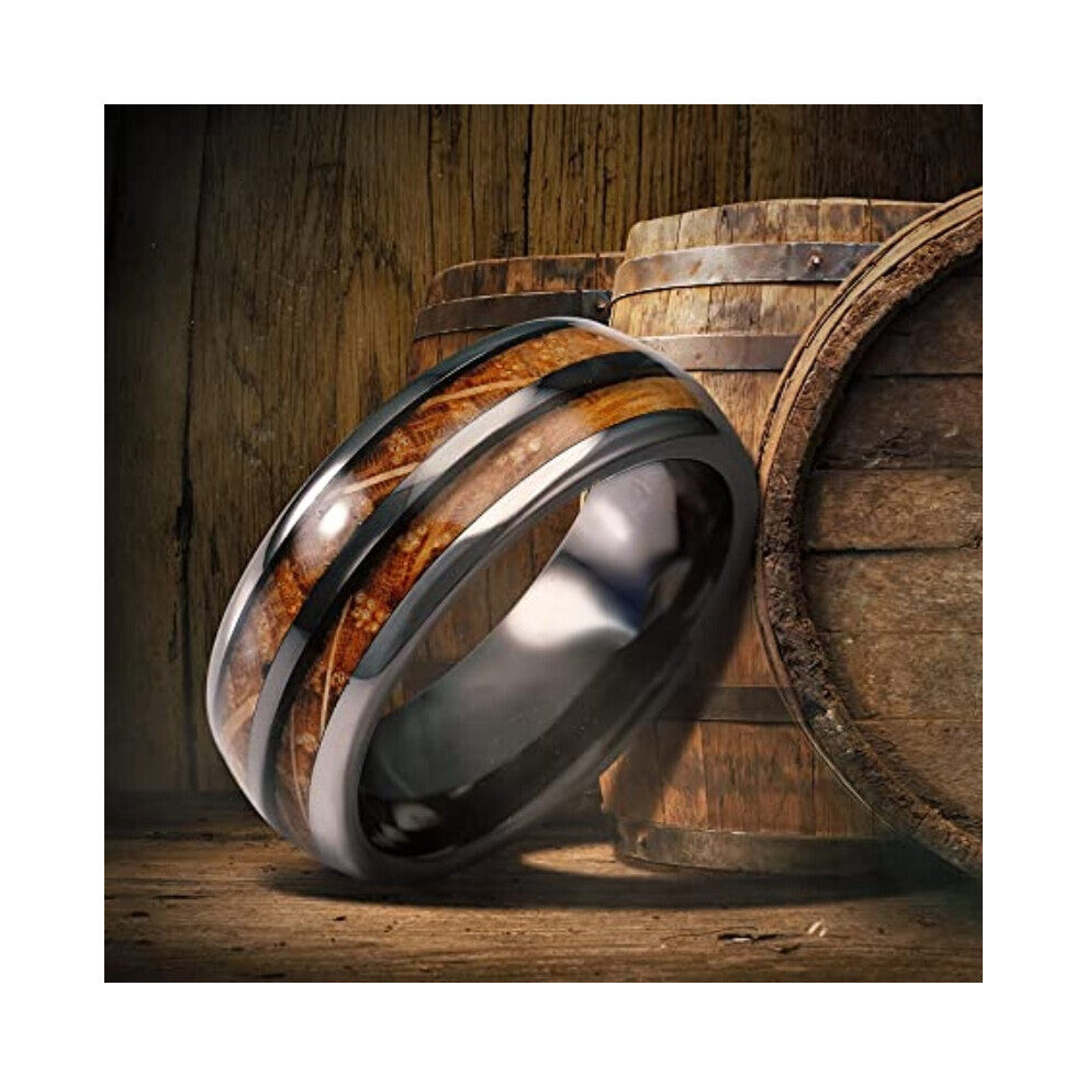 1pc Mens Barrel Gun Gray Stainless Steel Ring Wood Grain Inlay Wooden Wedding Promise Engagement Ring Size 7 13