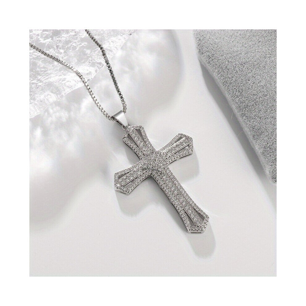 1pc Ice Crystal Inlaid Zircon Cross Necklace Mens Hip Hop Street Jewelry Accessories