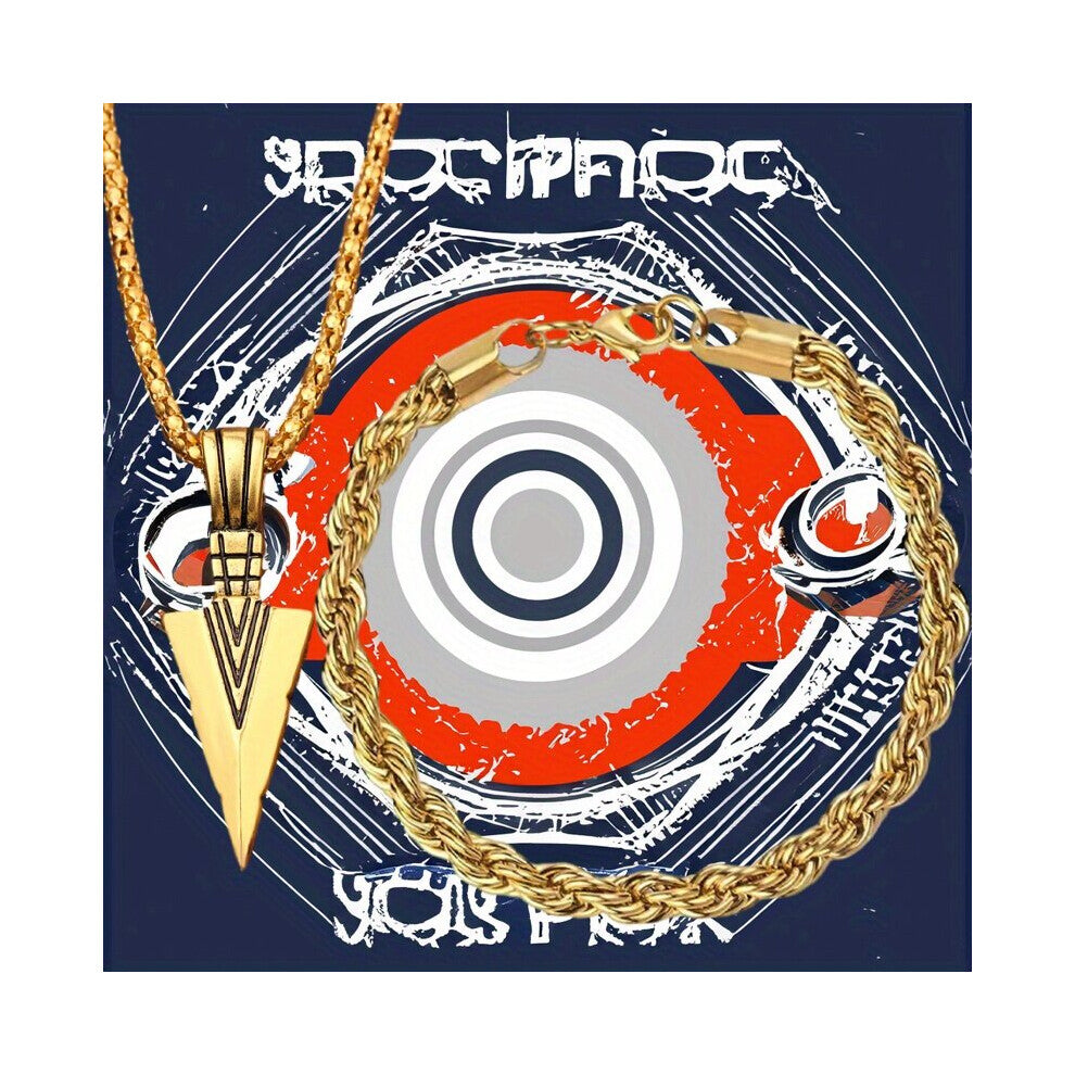 1set Golden Pendant Necklace And Bracelet European And American Cuban Accessories For Men And Women Triangle Spearhead Retro Arrow Necklace Pendant Br