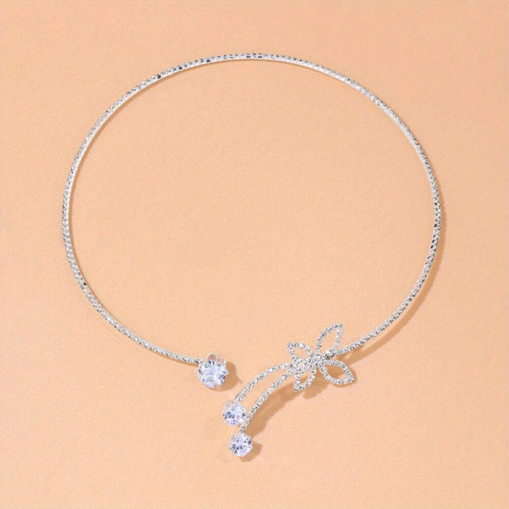 Delicate Glitter Adjustable Silver Artificial Diamonds Crystal Round Choker Butterfly Shaped Chain Necklace Jewelry Accessories For Men Women