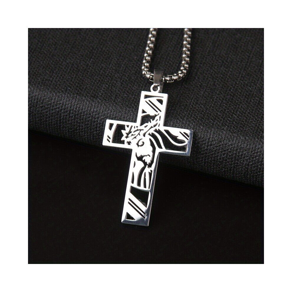 Christ God Cross Jesus Thorns Crown Stainless Steel Necklace Stainless Steel Cross Pendant Necklace Silver Men Women Necklace Jewelry Colar Infantil N