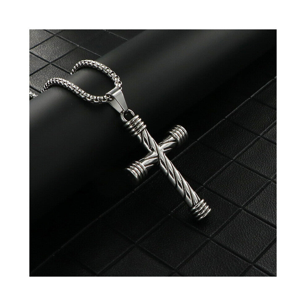 Retro Striped Cross Pendant Necklace Accessories Street Hip Hop Necklace Mens Stainless Steel Chain Accessory