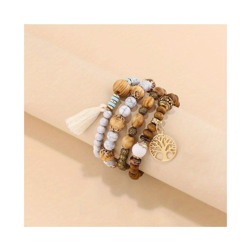 4pcs set Tree Of Life Pendant Multilayer Beaded Bracelet Round Bead Wooden Bead Bracelet Bohemian Ethnic Jewelry Accessories A Stylish Accessory