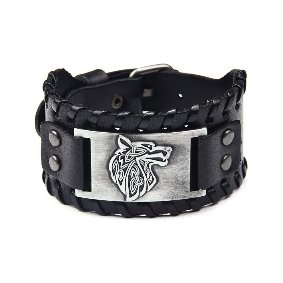 1pc Mens Stainless Steel Wolf Head Wide Leather Bracelet Artificial Jewelry Accessories