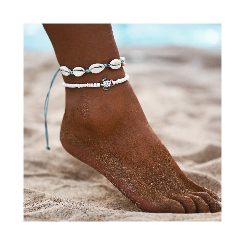2pcs set Mens Beads & Shell Rope Sea Turtle Anklet Vintage Bracelets Ocean Jewelry Accessories