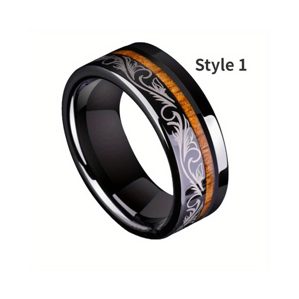1pc 8MM Creativity & Noble For Men Phoenix Pattern Wood Grain Stainless Steel Ring Birthday Party Mens Jewelry Gift 2 Styles Optional