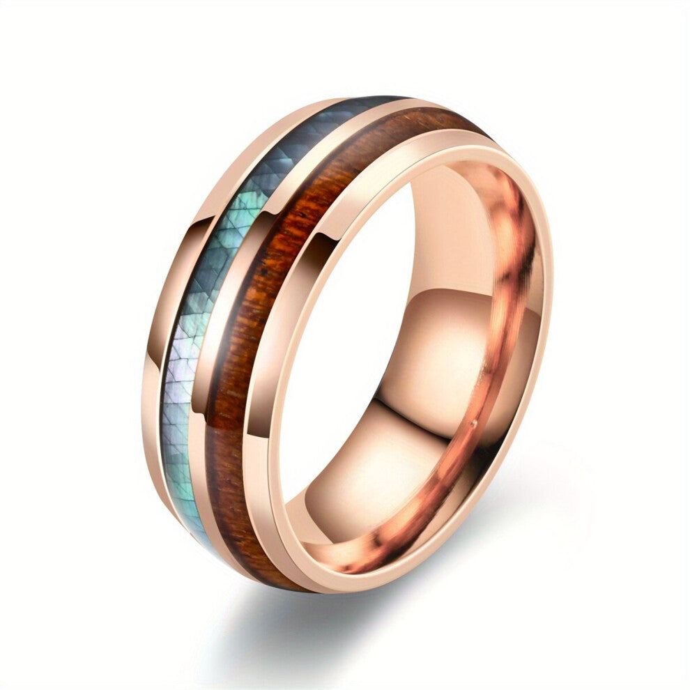 1pc 8mm Wood Grain Shell Stainless Steel Ring For Men Couple Wedding Ring