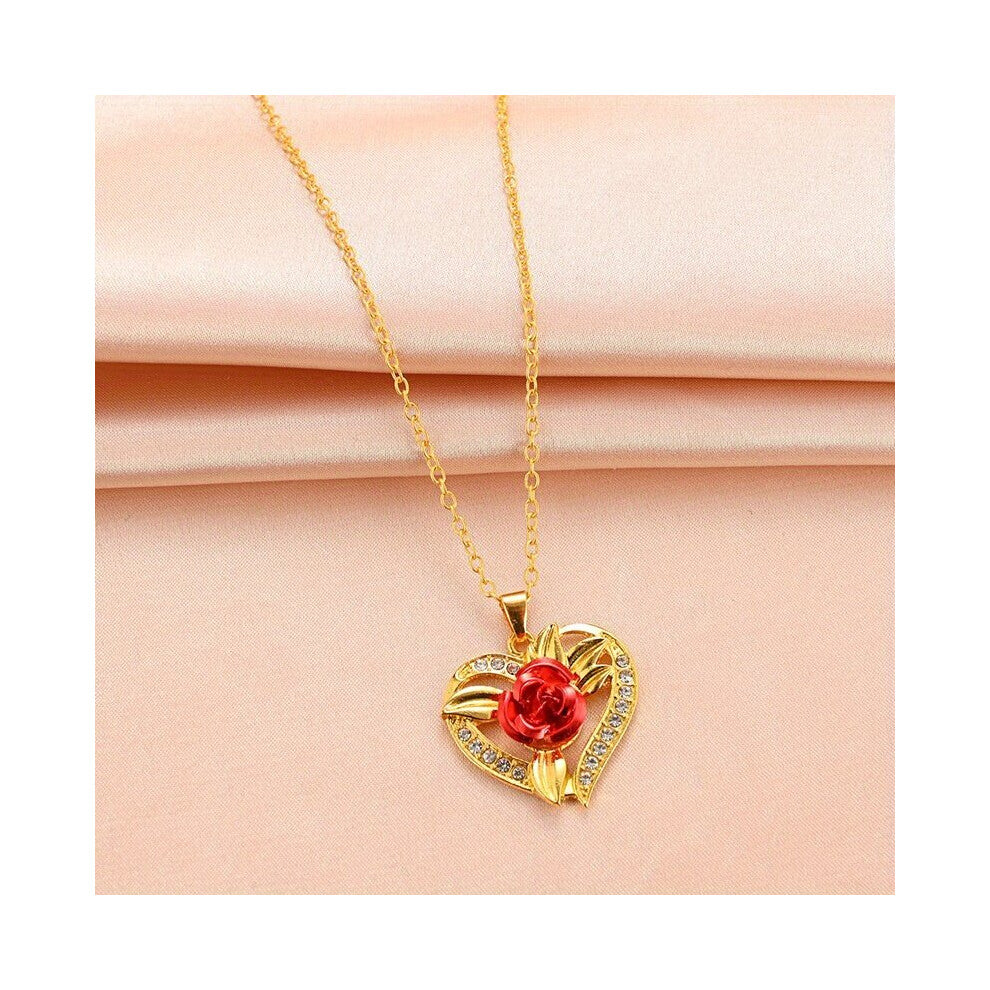 Love Heart Red Rose Pendant Necklace Personality Classic Versatile Ladies Daily Accessories