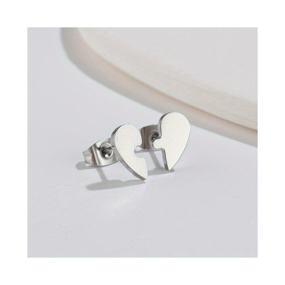 1pair Lovely Heart Shape Earrings For Men Asymmetrical Puzzle Stud Earrings Small And Sweet Earrings