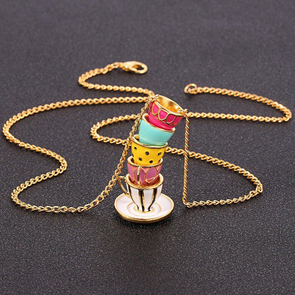 1pc Dainty Stacked Teacup Pendant Long Necklace Sweater Chain Clothing Accessories Enamel Artificial Jewelry