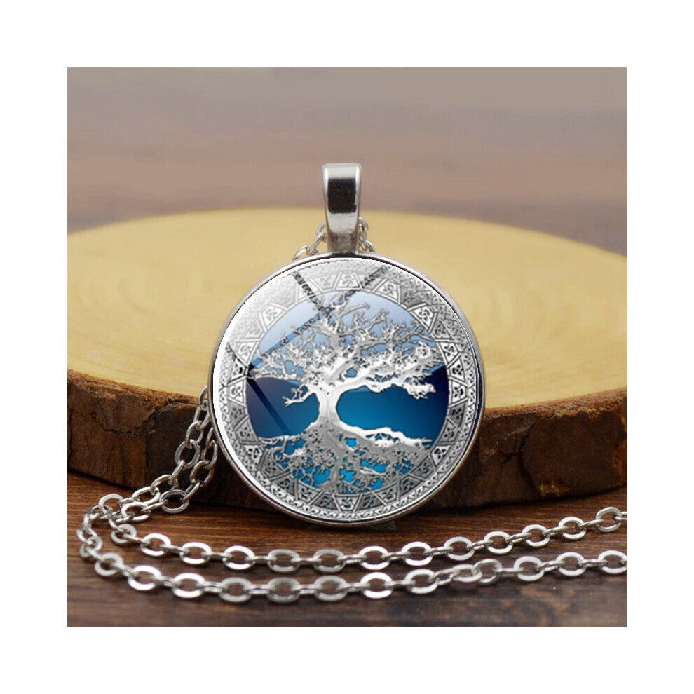 Tree Of Life Print Glass Pendant Necklace Alloy Jewelry Accessories Gift For Men And Women