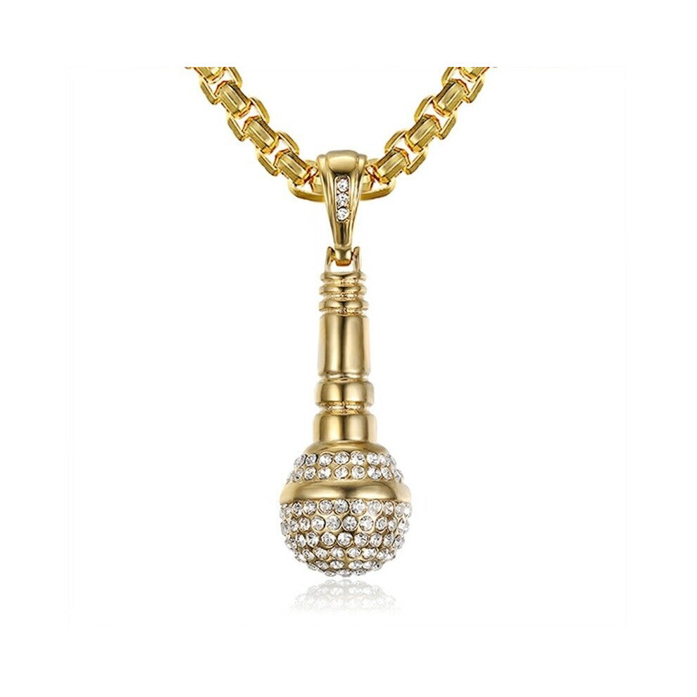 Hip Hop Rhinestone Microphone Pendant Necklace Mens Jewelry Gift