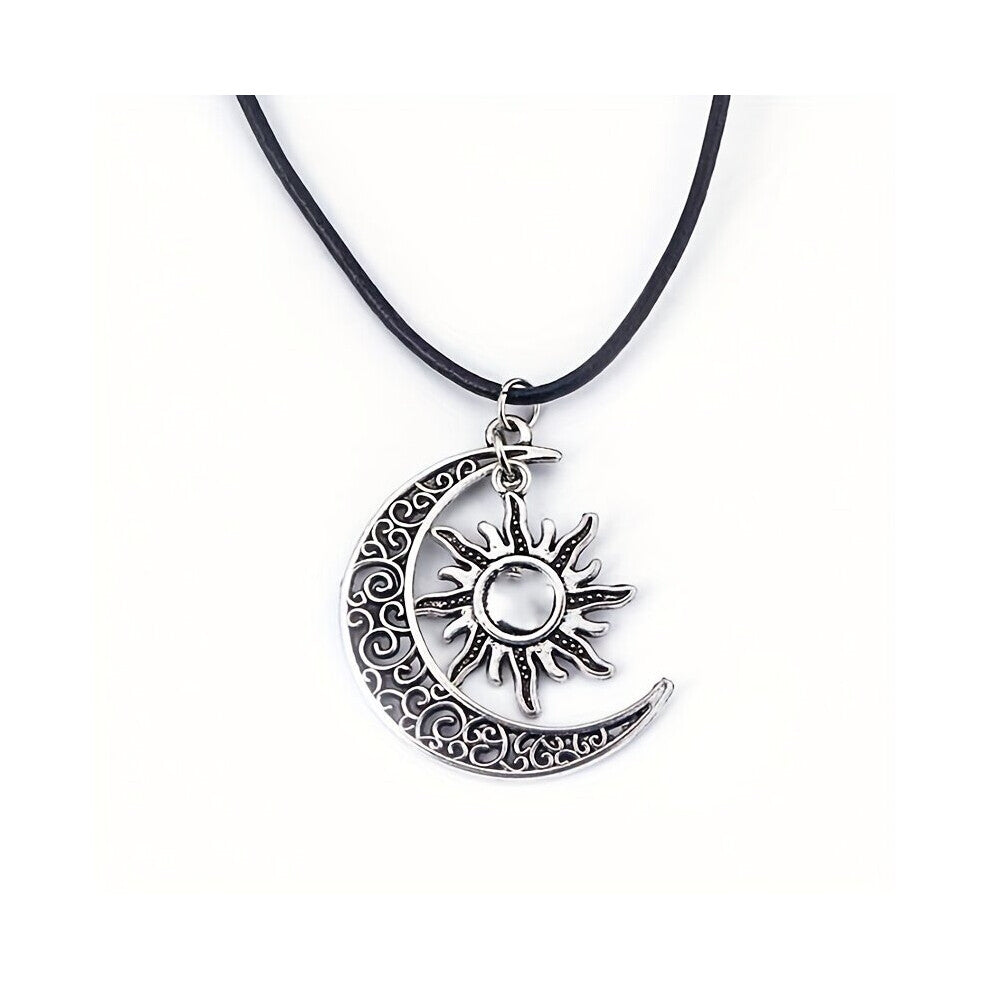 1pc Vintage Silvery Bronze Crescent Moon & Sun Necklace Leather Choker Pendant Amulet Mens Accessories Holiday Gift