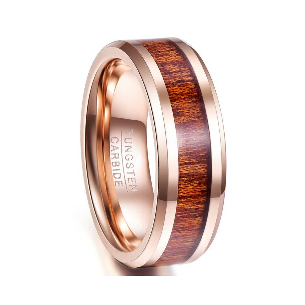 1pc 8MM Wide Rose Golden Plated Inlaid Wood Grain Mens Tungsten Ring Size 7 14