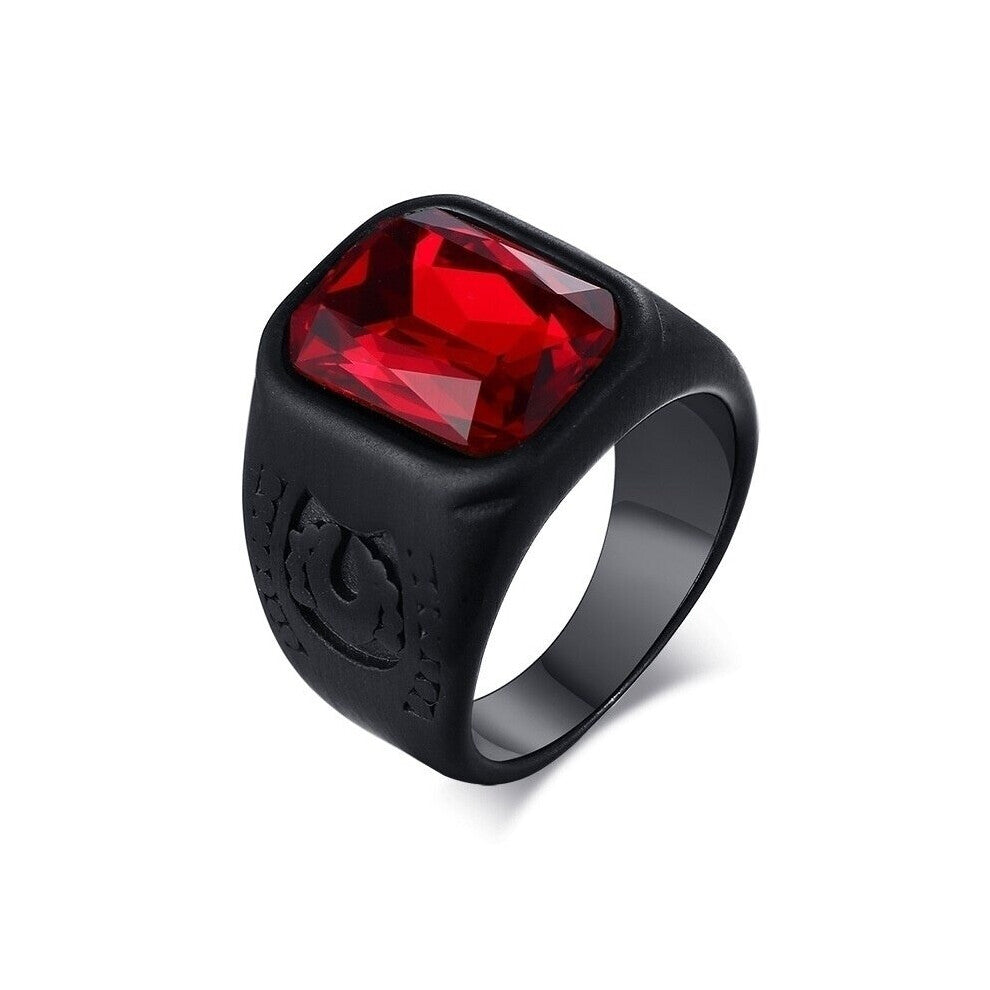 Stainless Steel Red Crystal Signet Biker Ring Zirconia Ring Vintage Style