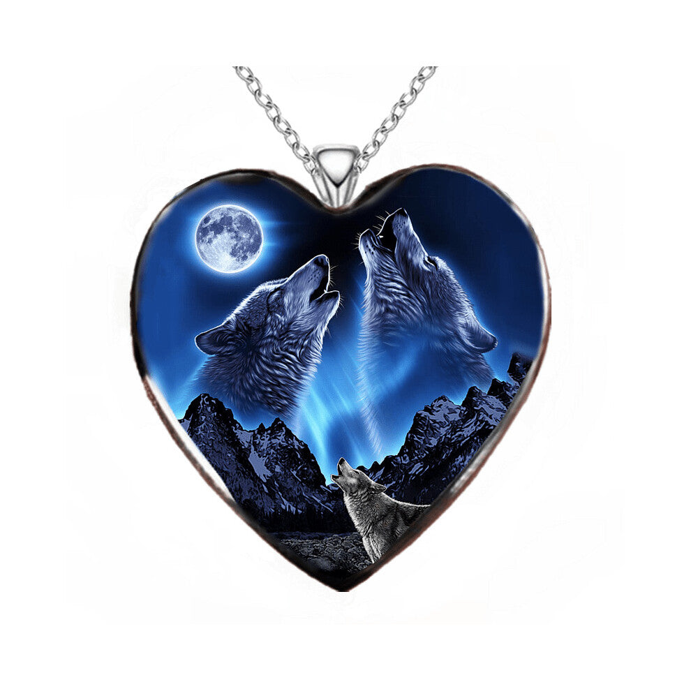 1 Pc Mens Pendant Necklace Animal Wolf Head Heart Pendant Necklace Howling Wolf Pack Under The Moon Street Wolf Necklace Accessories