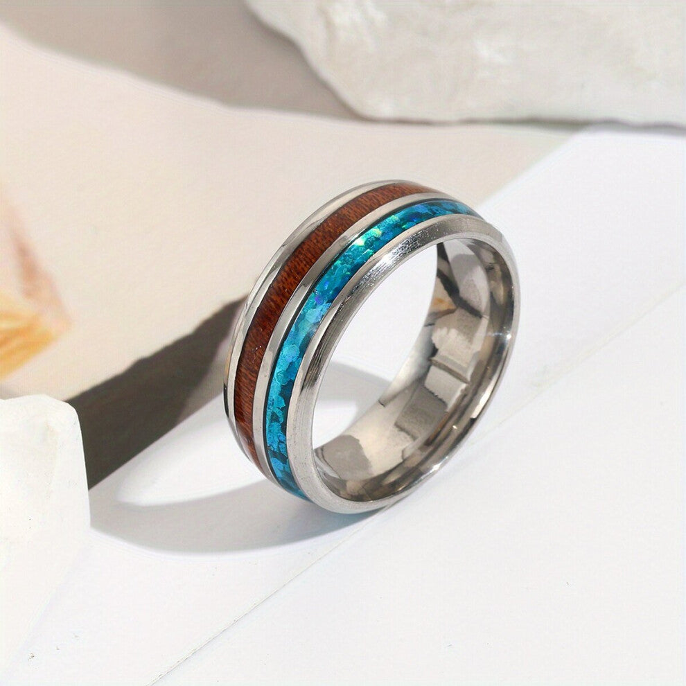 1pc Vintage Wood Grain Shell Stainless Steel Mens Ring