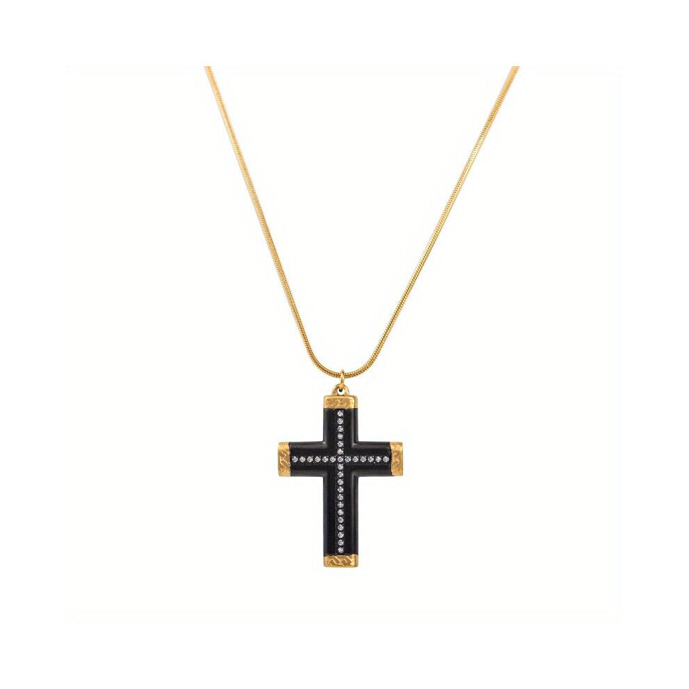 1pc Hip Hop Stainless Steel Golden Light Inlaid Rhinestones Cross Long Necklace Mens Daily Accessories