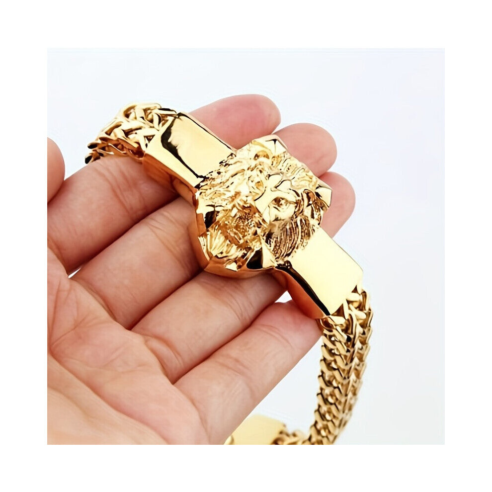 1pc Mens Lion Stainless Steel Bracelet Golden Plated Link Chain Punk Rock Biker Artificial Jewelry Gift