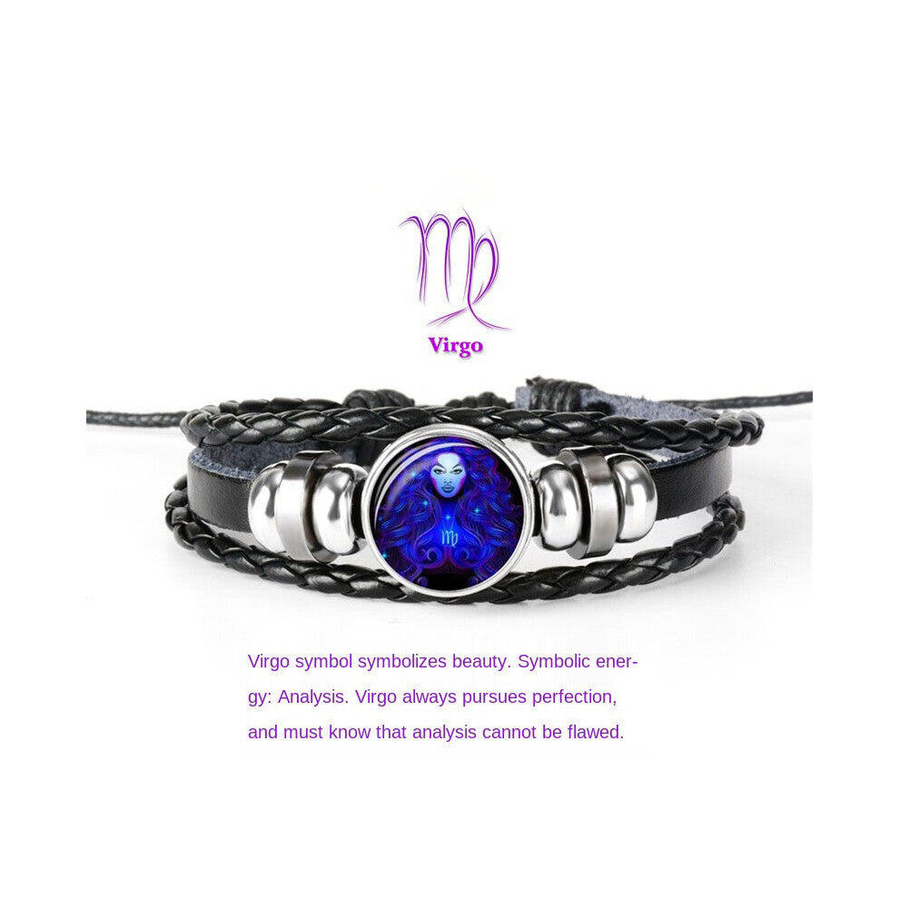 Punk 12 Constellation Zodiac Sign Braided Leather Rope Bracelet For Men Artificial Jewelry Accessories