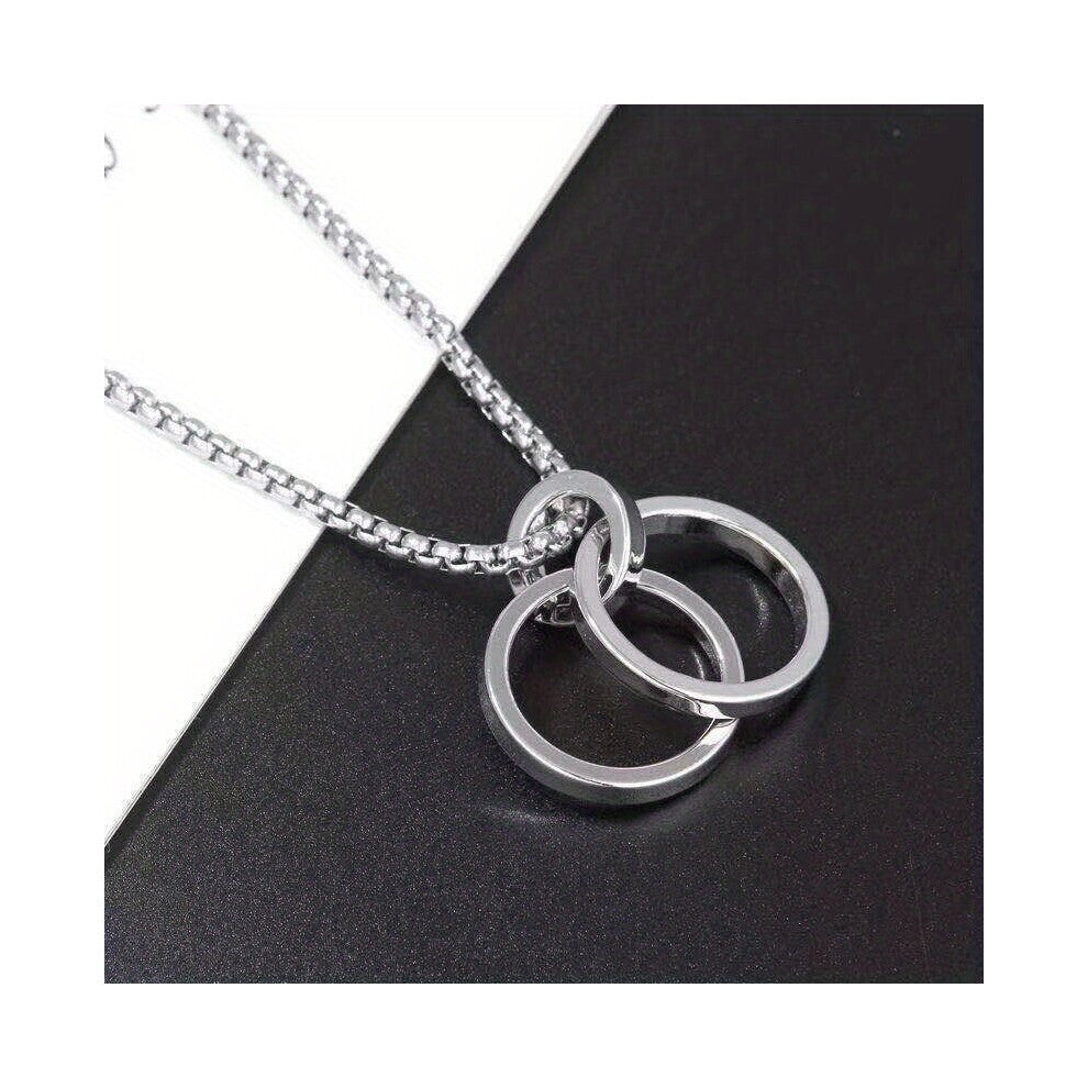 1pc Mens Necklace Double Ring Pendant Hip Hop Titanium Steel Necklace Pendant Accessories