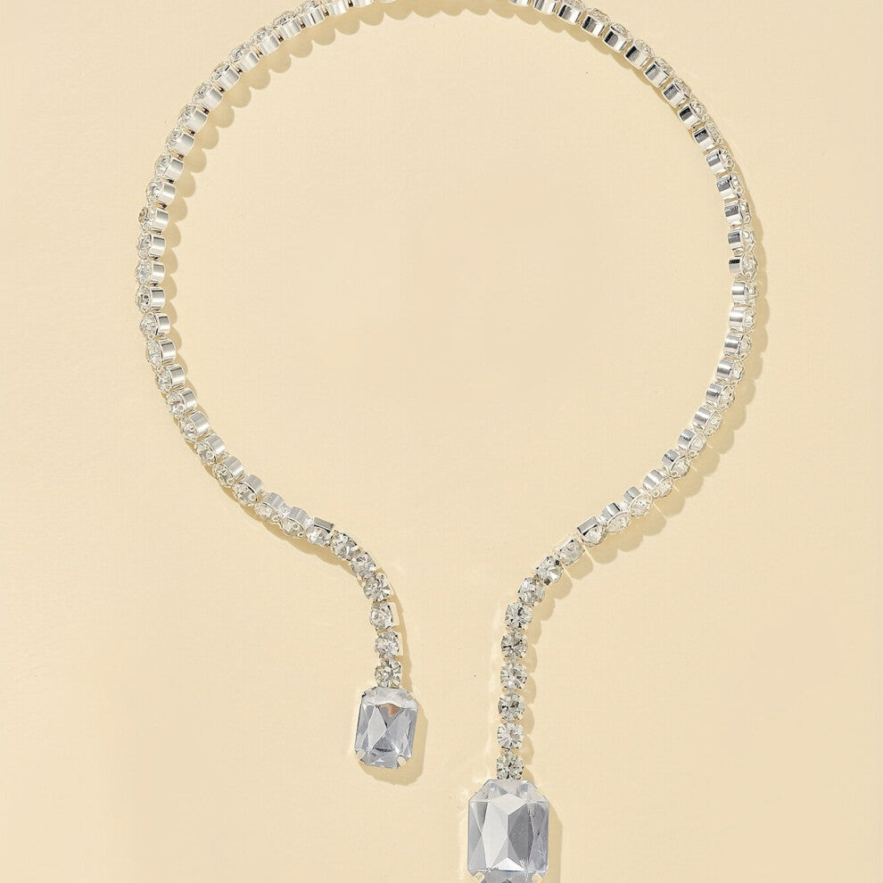 Boho Style Glitter Artificial Diamonds Crystal Beaded Chain Square Shaped Pendants Silver Necklace Stylish Jewelry Accessories For Men Women