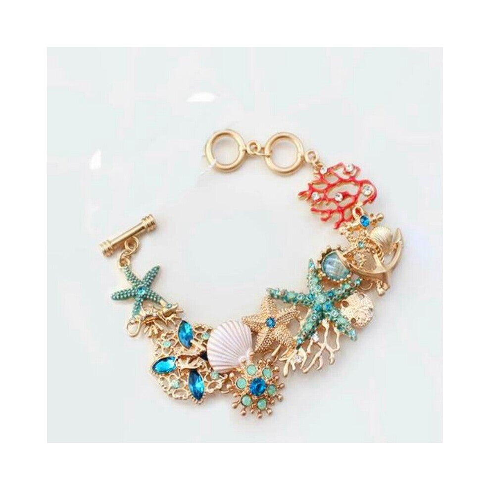 1pc Boho Ocean Element Bracelet Copper Inlaid Diamond Metal Starfish Coral Shell DIY Charm Bracelet Jewelry Accessories