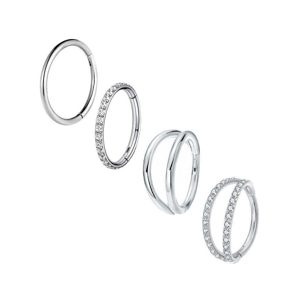 4PCS 16G Nose Rings Hoops Surgical Steel Earrings Tragus Septum Piercing CZ Clicker Septum Ring Hinged Segment Septum Conch Lip Cartilage Double Hoops