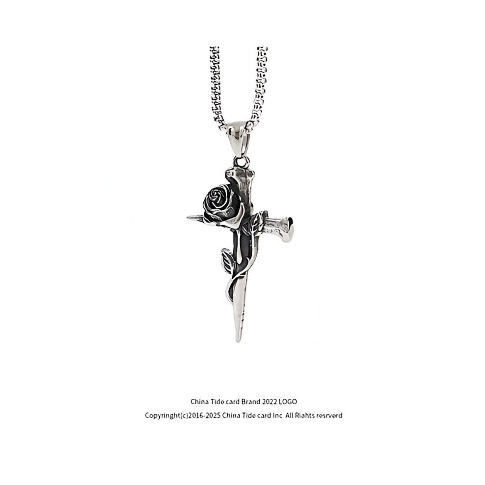1pc Hip Hop Vintage Rose Cross Titanium Steel Necklace Mens Personality Accessories Pendant Necklace