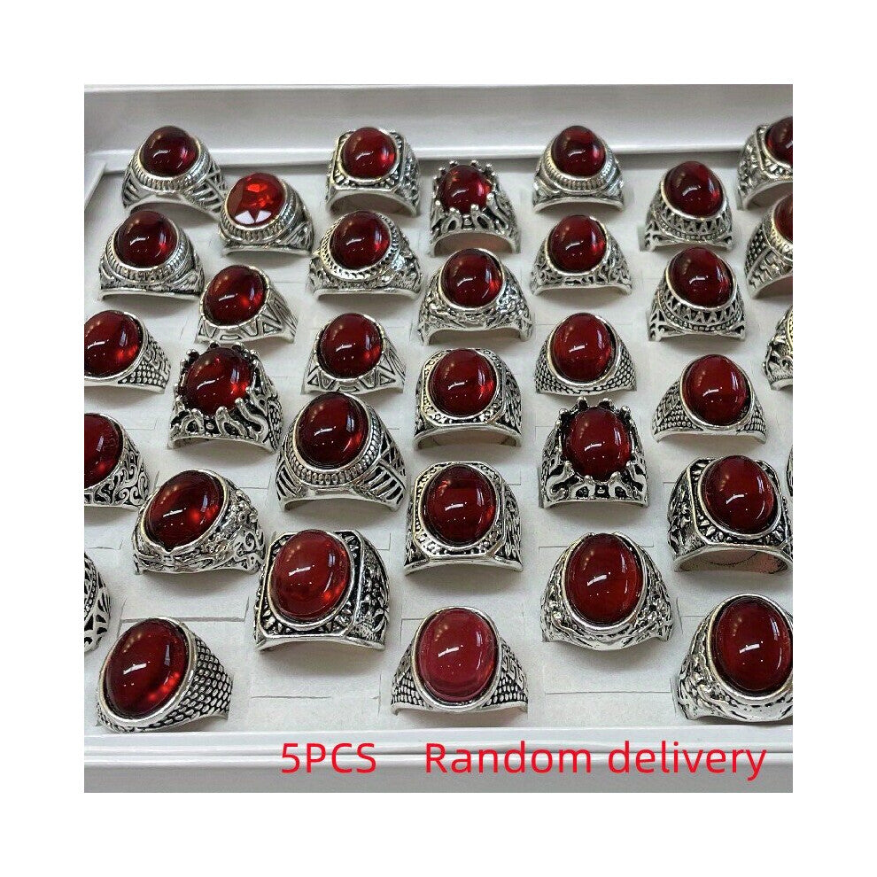 5pcs set Mens Silvery Oval Red Stone Rings Mens Vintage Metal Rings Jewelry For Accessories For Women