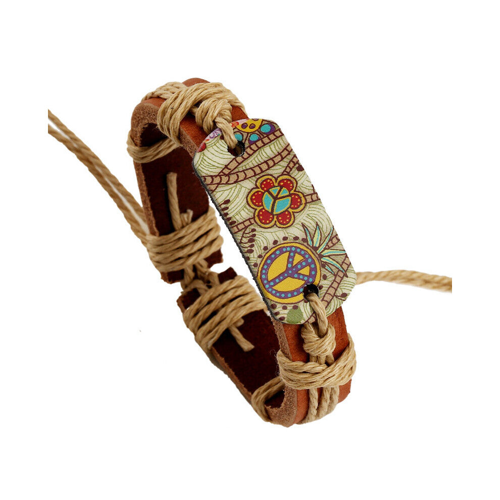 Jewelry Twine Woven Cowhide Bracelet Retro Style Hot Paint Peace Symbol Men And Womens Leather Bracelet