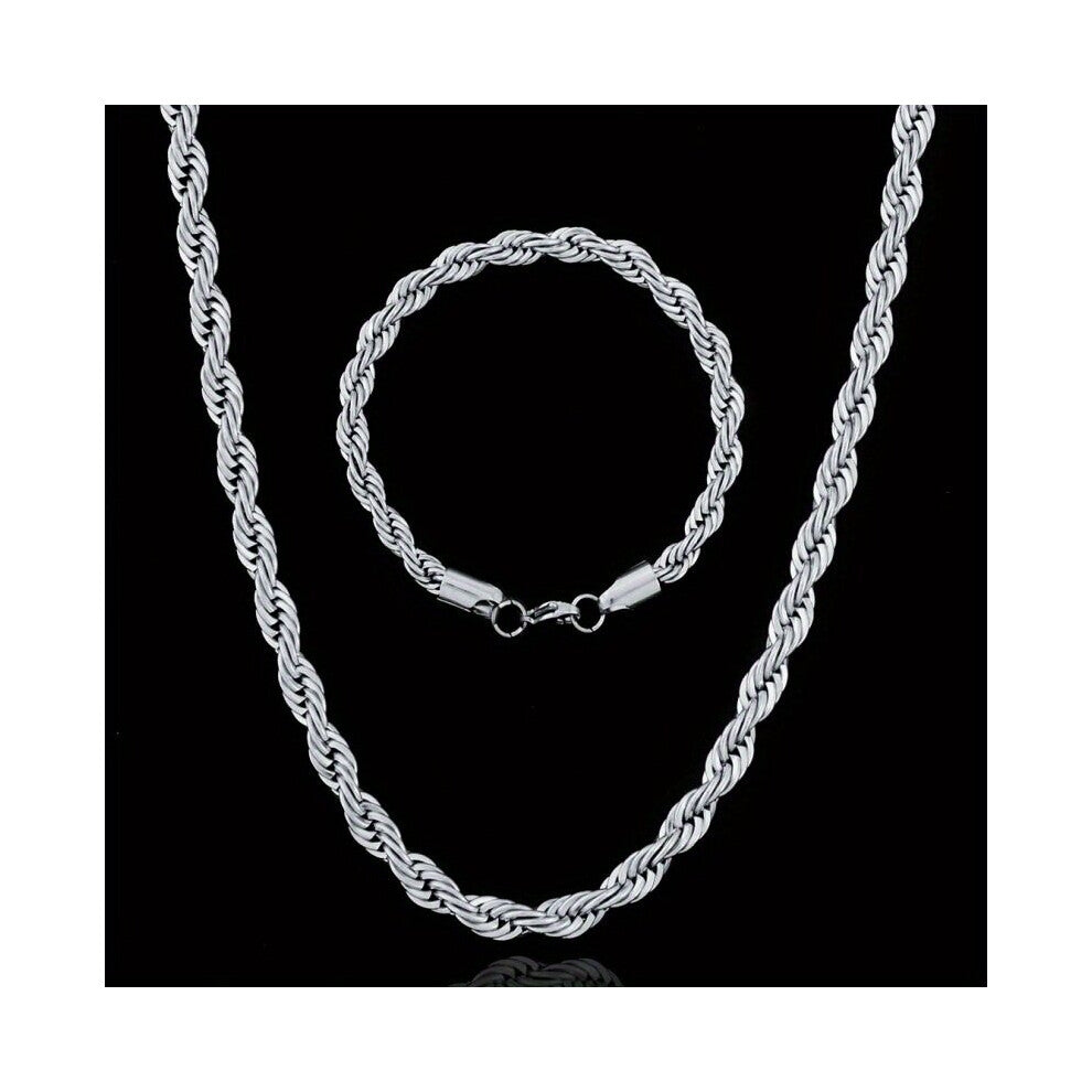 2pcs Classic Stainless Steel Silver Rope Chain Necklace Bracelet Jewelry Accessories For Men Women