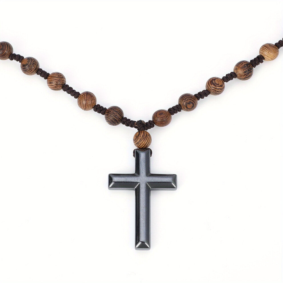 1pc Gallstone Cross Pendant Necklace Wooden Beaded Chain Cross Necklace Casual Jewelry Necklace Accessories Gift