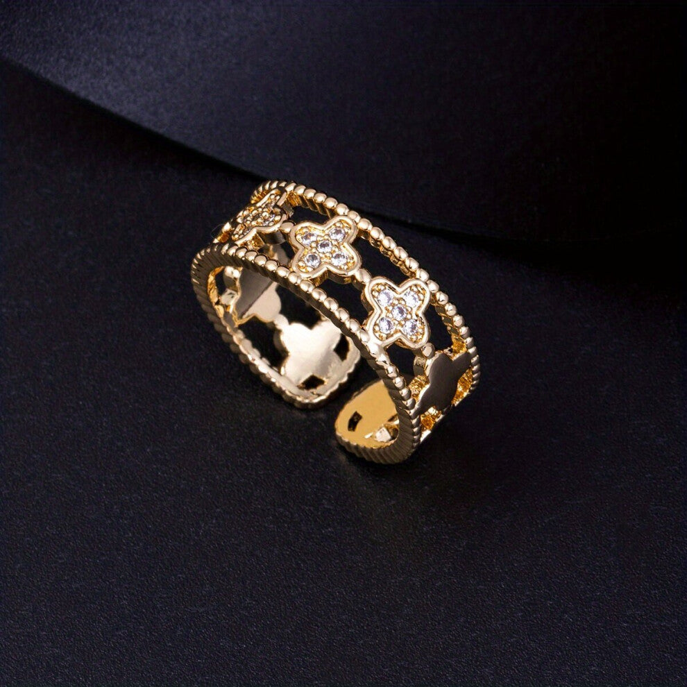 Four Leaf Flower Golden Zircon Adjustable Finger Rings Jewelry Accessories Gift