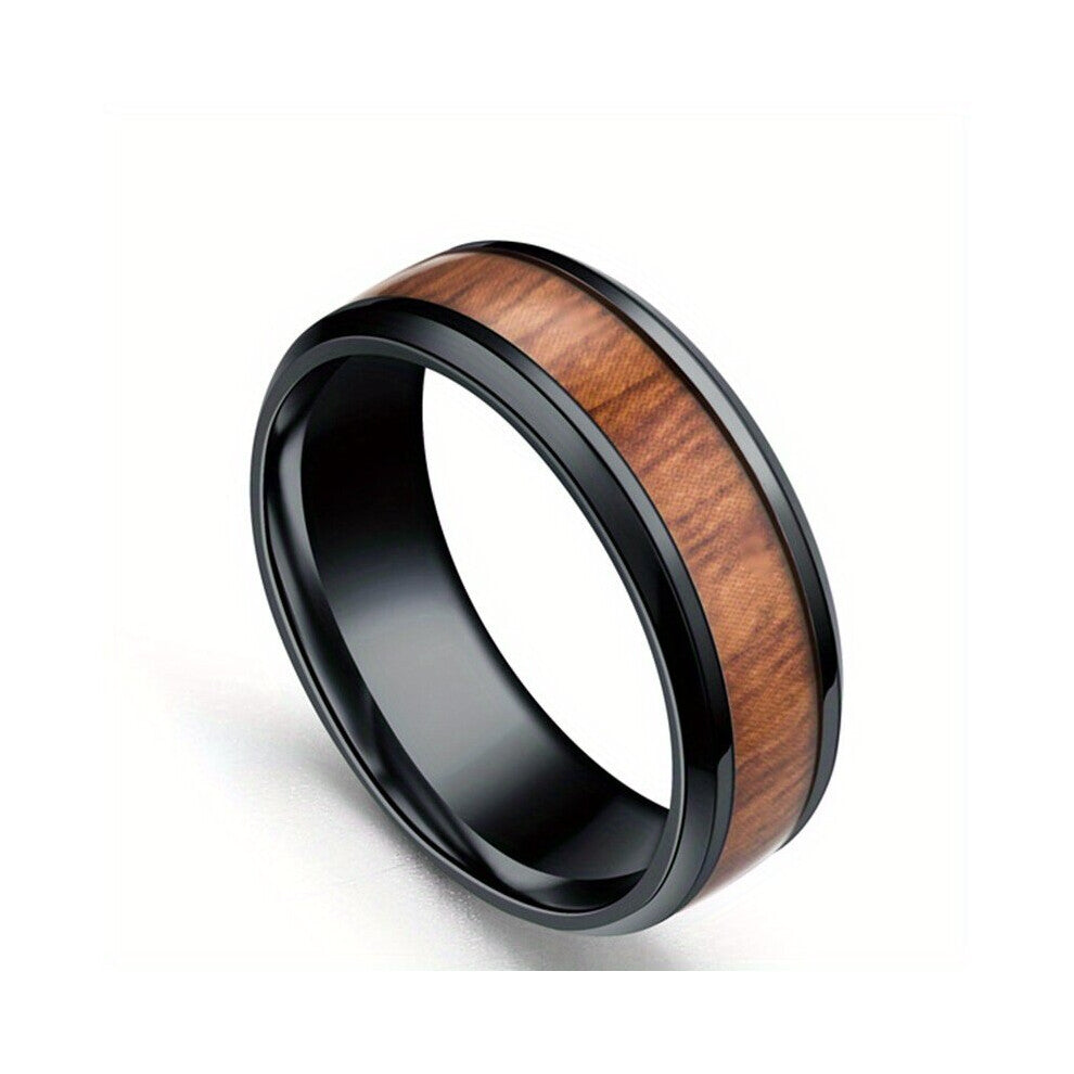 1pc Mens Vintage Inlaid Wood Grain Metal Feeling Stainless Steel Ring