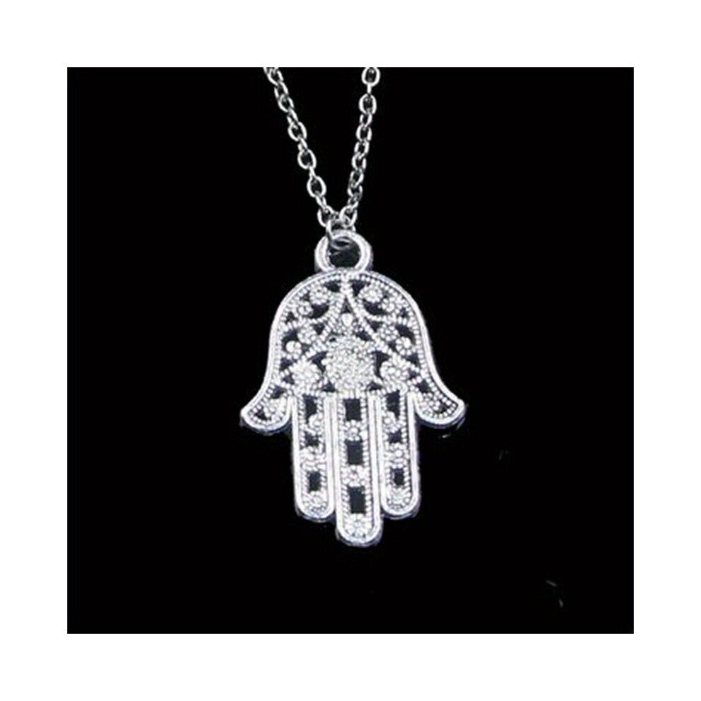 Vintage Silver Hollowed Hamsa Palm Hand Necklace Gothic Retro Pendant Chain Choker Amulet Men Women Accessories Holiday Jewelry Bijoux Cosplay Gift
